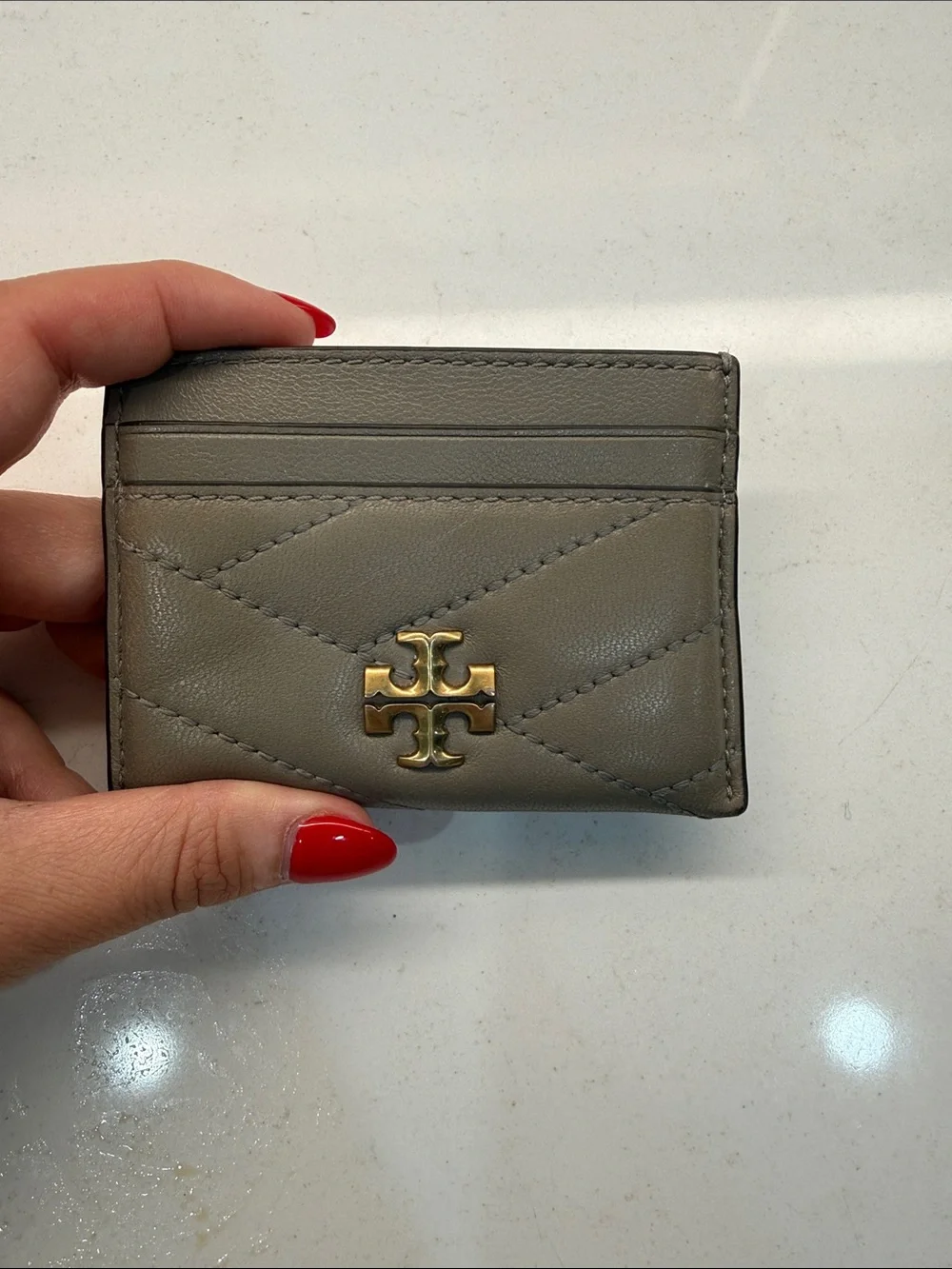 Tory Burch Quilted Leather Card Holder in Taupe with Gold Logo